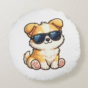 Süßer Welpe mit Sonnenbrille Kawaii Design Rundes Kissen