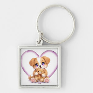 Süßer Welpe mit Teddybär-Herz-Anhänger Schlüsselanhänger