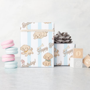 Süßer Welpe Pastellblau Beige Alles Gute zum Gebur Geschenkpapier