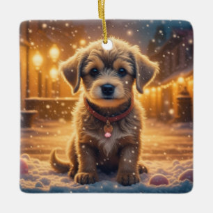 Süßer Welpe spielt im Schnee Weihnachten Keramikornament