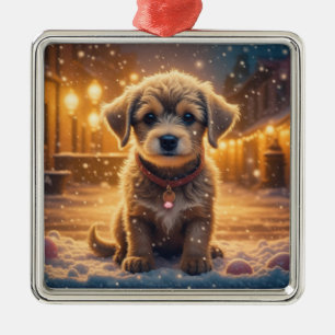 Süßer Welpe spielt im Schnee Weihnachten Ornament Aus Metall