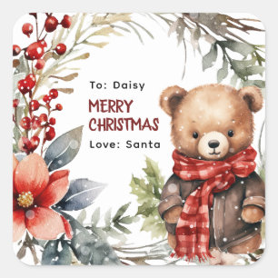 Süßer Winter-Teddybär-Kinder-Weihnachtsgeschenk Quadratischer Aufkleber