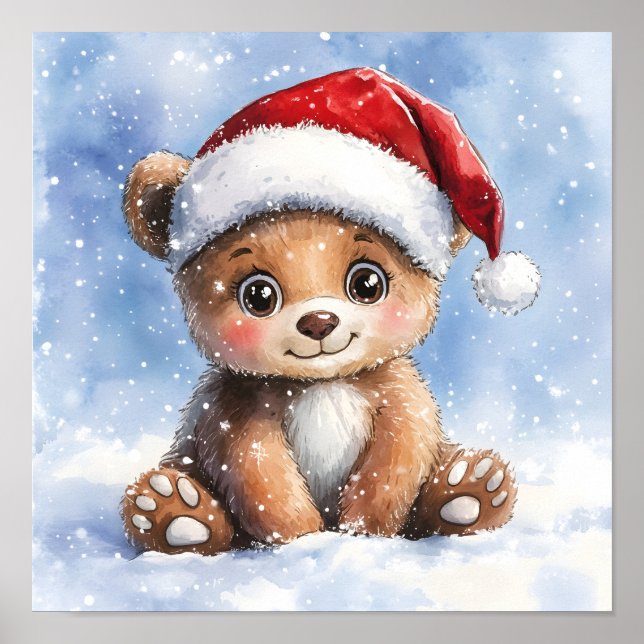 Süßer Winter-Weihnachts-Santa-Bär Wasserfarben  Poster (Vorne)