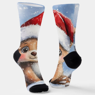 Süßer Winter Weihnachtsmann Bär Cub Aquarell  Socken
