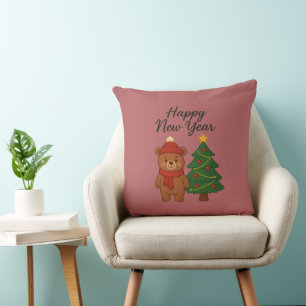 Süßer Winterbär mit Weihnachtsbaum Frohes neues Ja Kissen