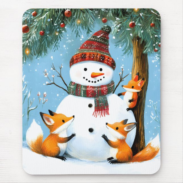 Süßer Winterwald-Schneemann-Füchse Mousepad (Vorne)