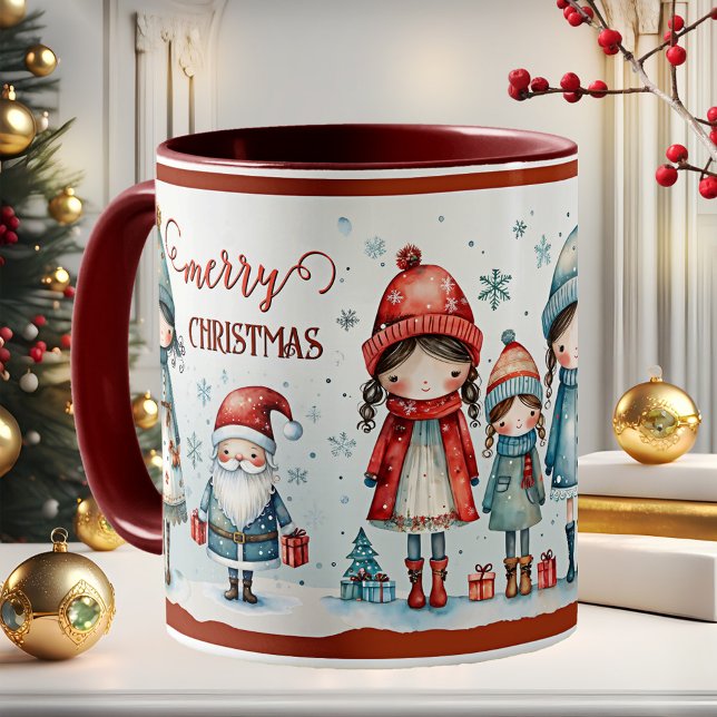 Süßer, wunderlicher, Mädchen-Weihnachten Kaffeetasse (Christmas mug featuring a whimsical illustration of cute girls and Santa with gifts)