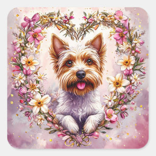 Süßer Yorkie Terrier Kunst 💖Botanisches Hundedesi Quadratischer Aufkleber