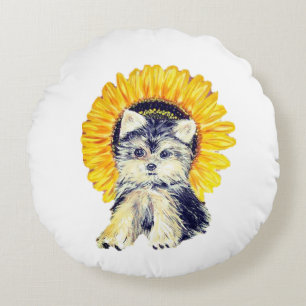 Süßer Yorkie-Welpe Hund & Sonnenblume auf Weiß Rundes Kissen