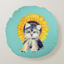 Süßer Yorkie-Welpe und Sonnenblume auf Türkis