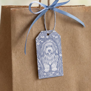 Süßer zotteliger Hund Blau-weißes Cottagecore Geschenkanhänger
