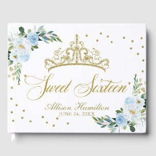 Süßes 16 Gästebuch Gold Tiara Babyblau Floral