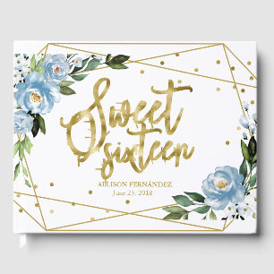 Süßes 16 Gästebuch Goldfolie Staubblau Floral