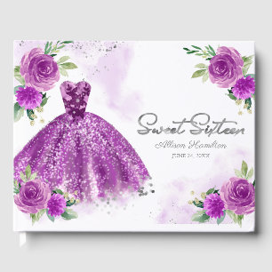 Süßes 16 Gästebuch Silber Lila Kleid Blumen