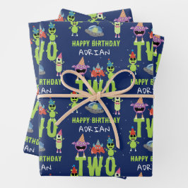Süßes Alien-Monster-Weltraum-Kinder-Geburtstagsnam Geschenkpapier Set
