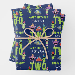 Süßes Alien-Monster-Weltraum-Kinder-Geburtstagsnam Geschenkpapier Set