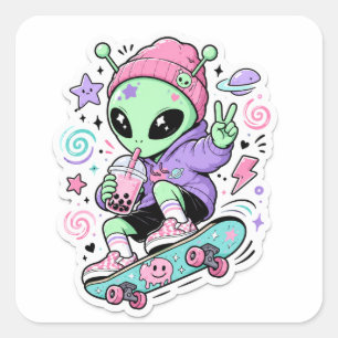 Süßes Alien-Skater-Design Quadratischer Aufkleber
