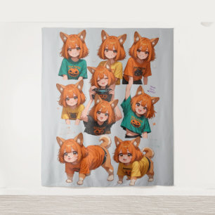 Süßes Anime-Fuchs-Mädchen-Aufkleberblatt – Hallowe Wandteppich