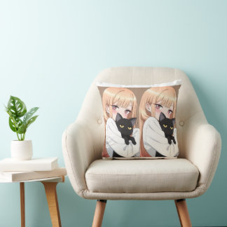 Süßes Anime-Mädchen, das schwarze Katze umarmt, Ge Kissen
