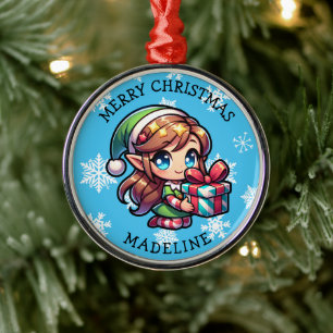 Süßes Anime-Mädchen-Elf personalisiertes Weihnacht Ornament Aus Metall
