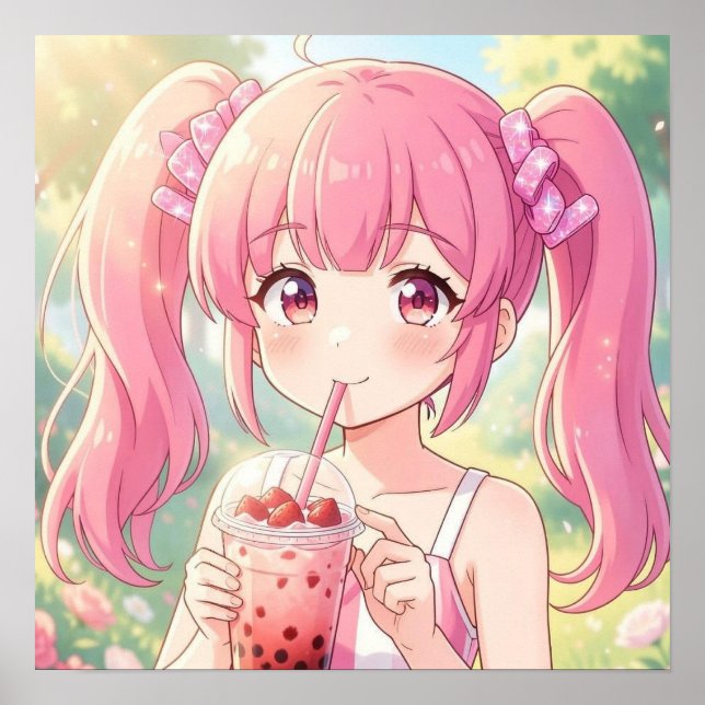 Süßes Anime-Mädchen in Rosa trinkt Bubble Tea Poster (Vorne)