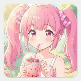 Süßes Anime-Mädchen in Rosa trinkt Bubble Tea Quadratischer Aufkleber