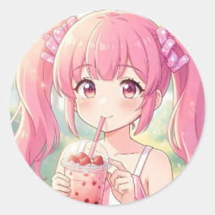 Süßes Anime-Mädchen in Rosa trinkt Bubble Tea Runder Aufkleber