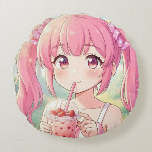 Süßes Anime-Mädchen in Rosa trinkt Bubble Tea Rundes Kissen