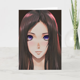 Süßes Anime-Mädchen mit braunen Haaren und blauen  Karte