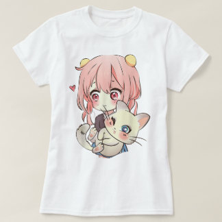 Süßes Anime-Mädchen mit niedlicher Katze T-Shirt
