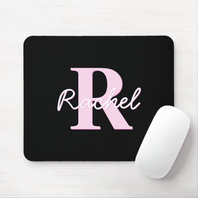 Süßes anpassbares Monogramm | Hellrosa & Schwarz Mousepad (Mit Mouse)