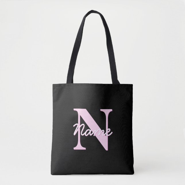 Süßes anpassbares Monogramm | Hellrosa & Schwarz Tasche (Vorderseite)