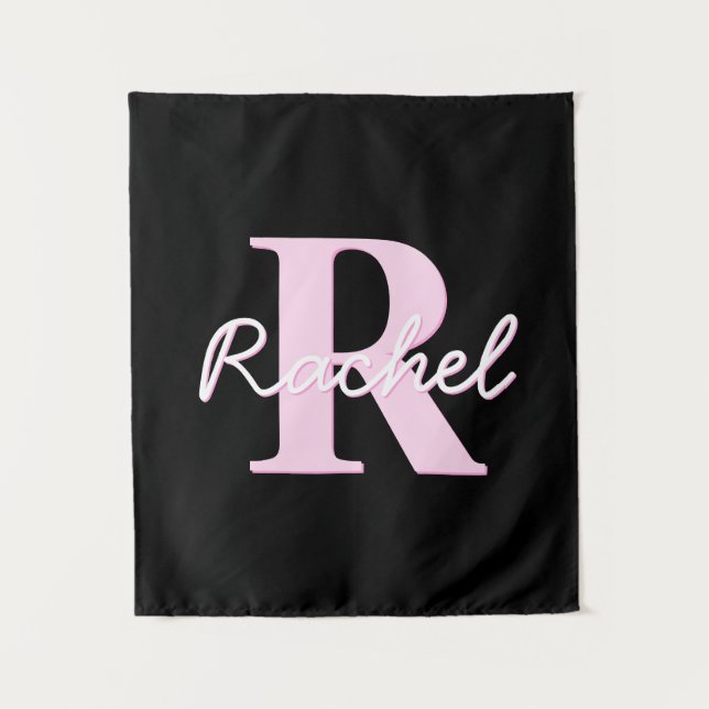 Süßes anpassbares Monogramm | Hellrosa und Schwarz Wandteppich (Vorderseite)