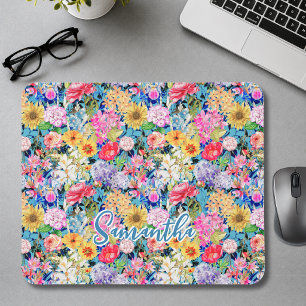 Süßes aqua-gelbes elegantes florales Muster-Monogr Mousepad