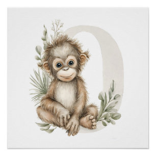 Süßes Aquarell-Baby-Tier-Alphabet Orang-Utan Poster