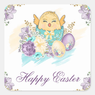 Süßes Aquarell-Frühlingsblumen-Küken-im-Ei-Ostern Quadratischer Aufkleber