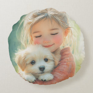 Süßes Aquarell-Mädchen und Welpen-Kissen Rundes Kissen