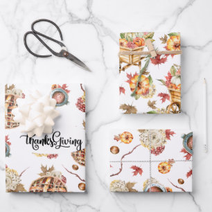 Süßes Aquarell-Thanksgiving-Muster Dreierpack Geschenkpapier Set