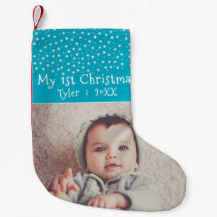 Süßes Baby 1. Weihnachten Blaue Sterne Foto Kleiner Weihnachtsstrumpf