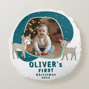 Süßes Baby, 1. Weihnachtsfoto-Rentier Rundes Kissen