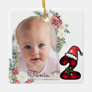 Süßes Baby 2. Weihnachten Zwei Foto Blumenrahmen Keramikornament