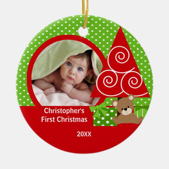 Süßes Baby-Bärn-Jungen-Foto-erste Keramikornament (Vorne)