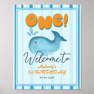 Süßes Baby Blauwal 1. Geburtstags-Willkommensschil Poster