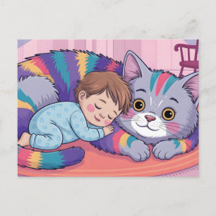 Süßes Baby, das auf einer riesigen Regenbogen-Fluf Postkarte