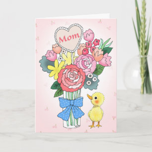 Süßes Baby-Entenküken mit schönen Blumen zum Mutte Karte