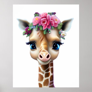 Süßes Baby-Giraffe mit Blumen und Stechpalme Poster