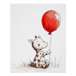 Süßes Baby-Giraffe mit rotem Luftballon Poster