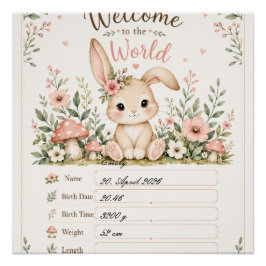 Süßes Baby Hasen Design mit Geburtsdaten Feldern Poster