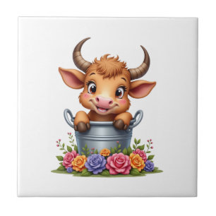 Süßes Baby Highland-Kuh Mit Blumen Kalb Tier co Fliese