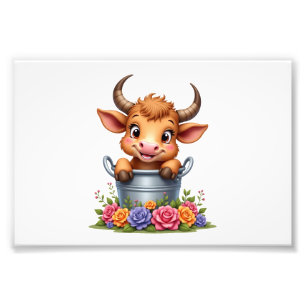 Süßes Baby Highland-Kuh Mit Blumen Kalb Tier co Fotodruck